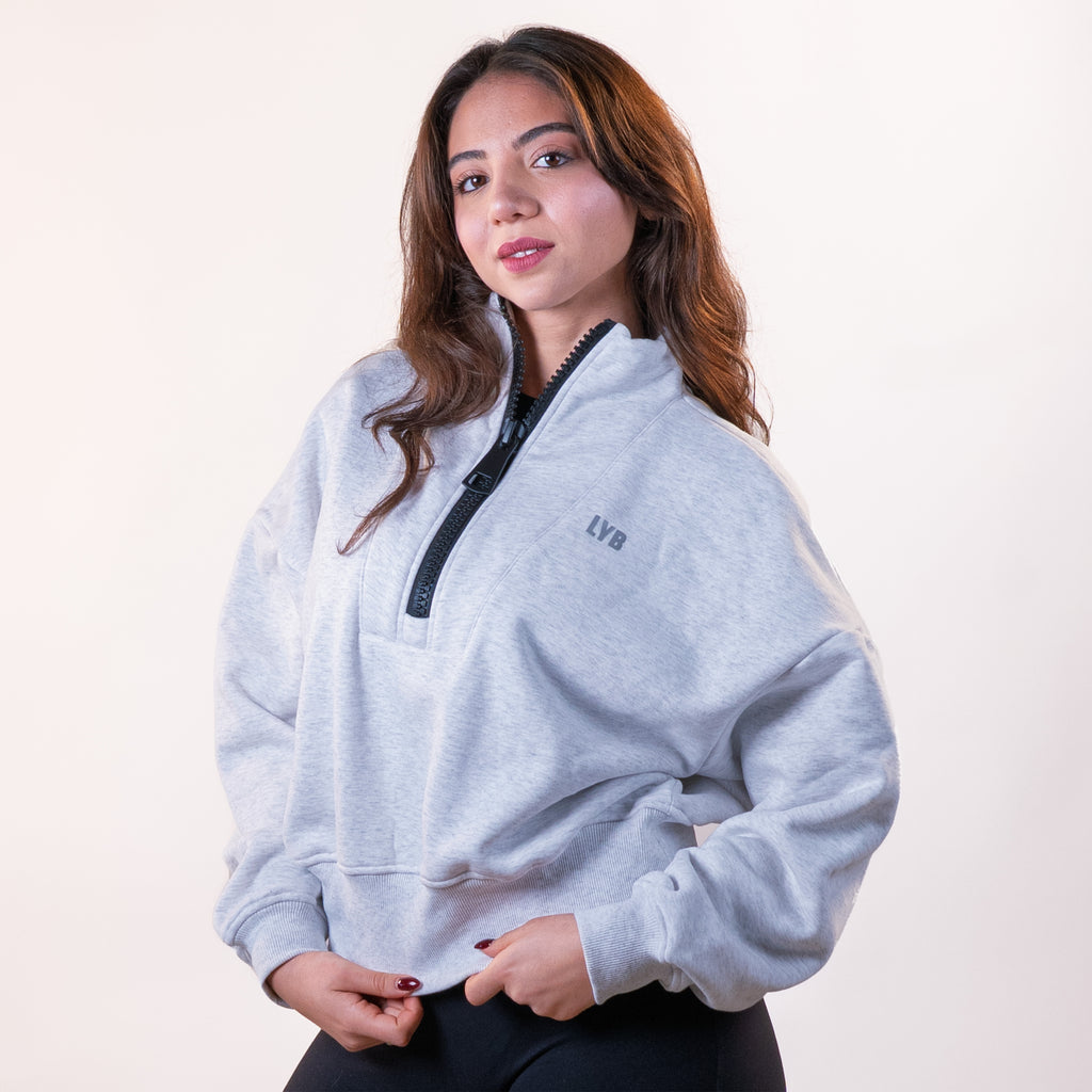 סווטשירט Half Zip אפור-לבן